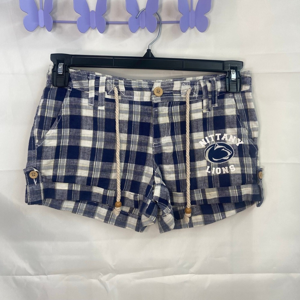 College Classics‎ plaid embroidered cuffed belted shorts linen penn state PSU 1
